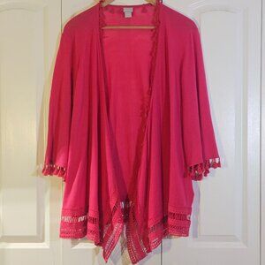 Chico’s Size 4 Hot Pink Tassel & Crochet-Trim Kimono Cardigan NWT MSRP $109